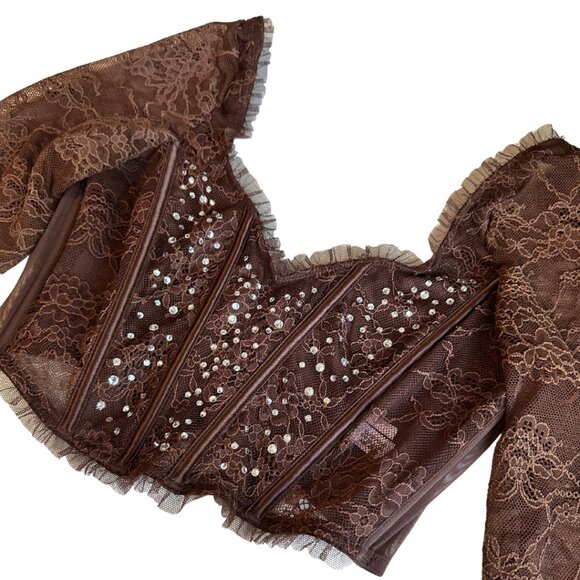 EUC! VS Dream Angels Brown Rhinestone Long Sleeve Corset Bra Top Size XS - Picture 9 of 13